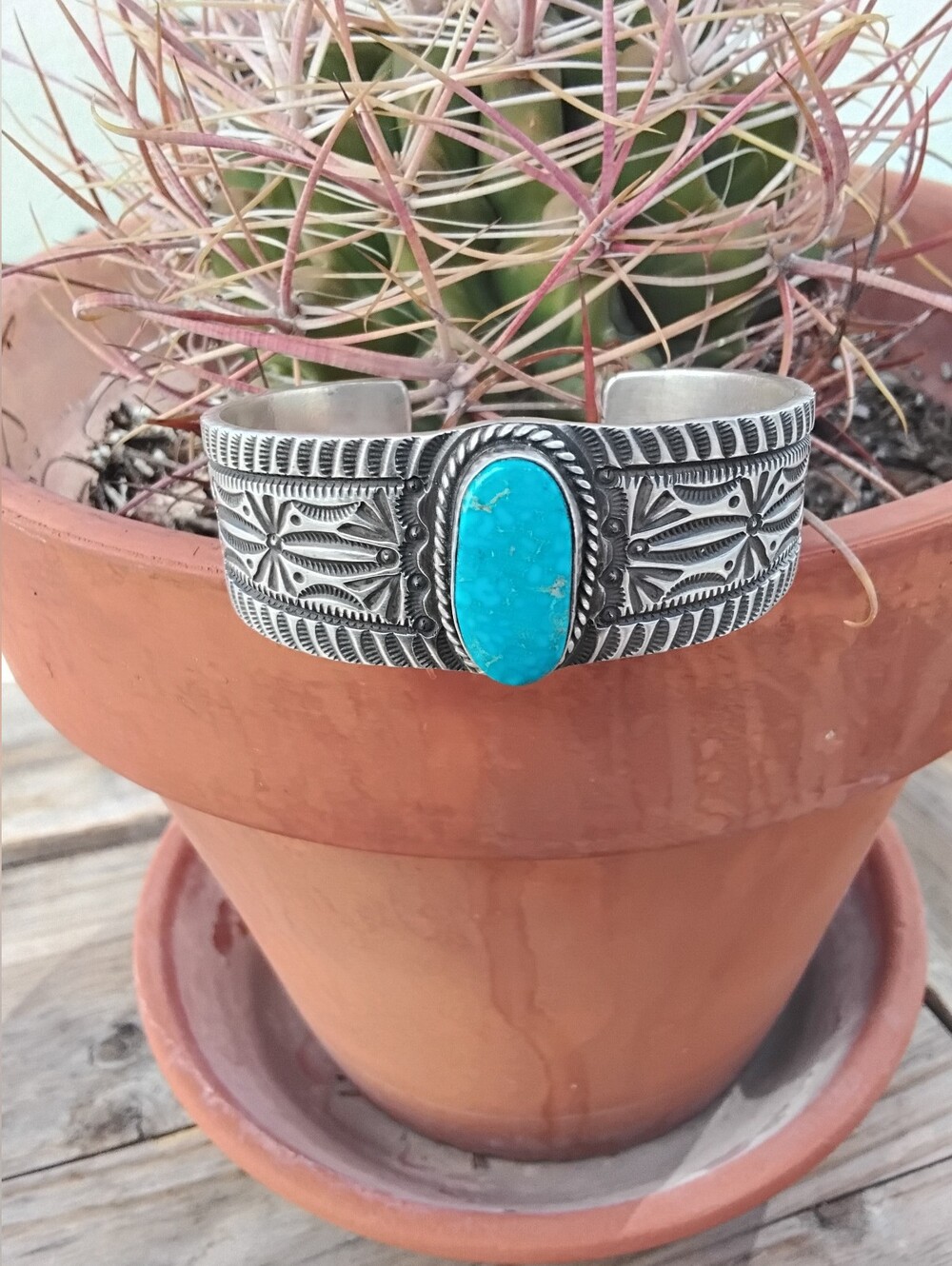 Signed "HS" Sterling Silver Cuff Bracelet Oval Bezel - Set Turquoise Stone.